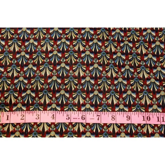 VTG Maroon Fabric Blue Tan Fan Pattern Upholstery 46" Hollywood Art Deco Style - Picture 3 of 3